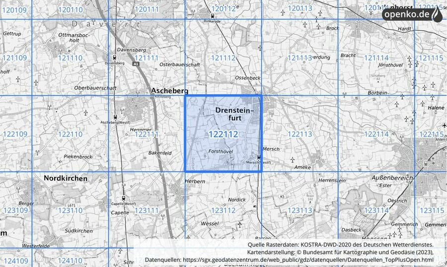 Übersichtskarte des KOSTRA-DWD-2020-Rasterfeldes Nr. 122112