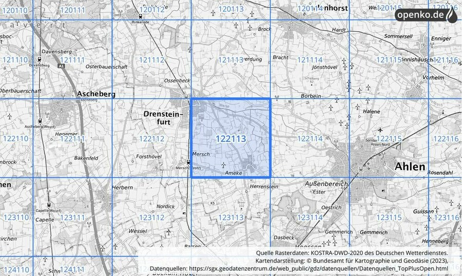 Übersichtskarte des KOSTRA-DWD-2020-Rasterfeldes Nr. 122113