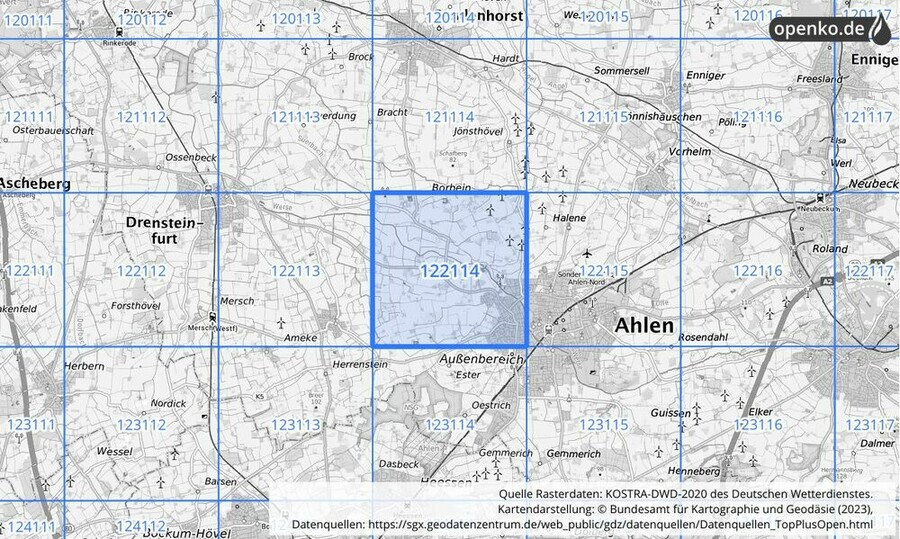 Übersichtskarte des KOSTRA-DWD-2020-Rasterfeldes Nr. 122114