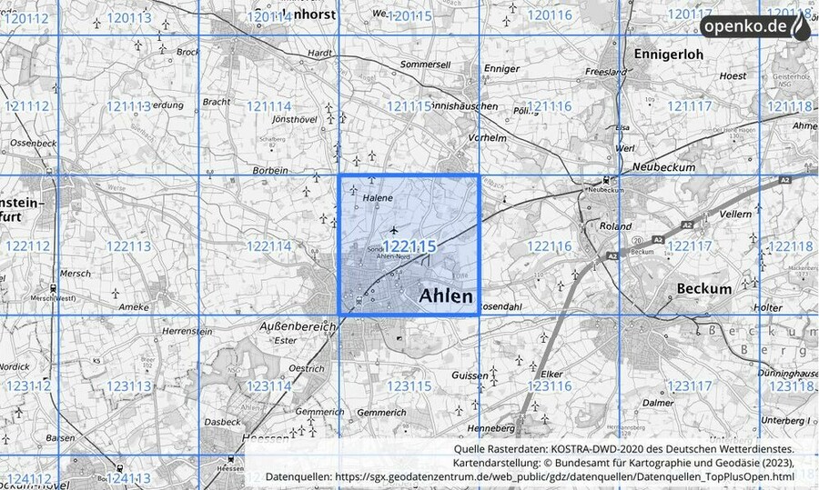 Übersichtskarte des KOSTRA-DWD-2020-Rasterfeldes Nr. 122115