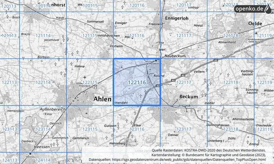 Übersichtskarte des KOSTRA-DWD-2020-Rasterfeldes Nr. 122116