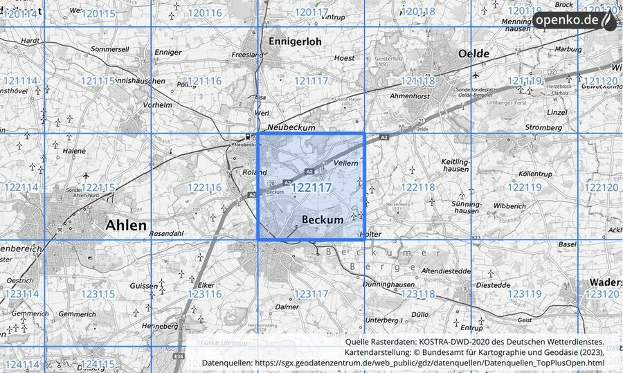 Übersichtskarte des KOSTRA-DWD-2020-Rasterfeldes Nr. 122117