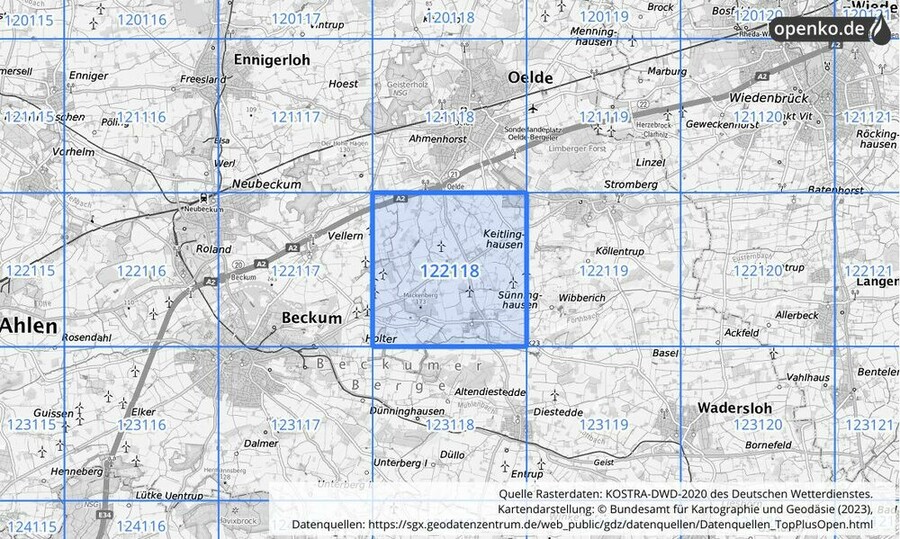 Übersichtskarte des KOSTRA-DWD-2020-Rasterfeldes Nr. 122118