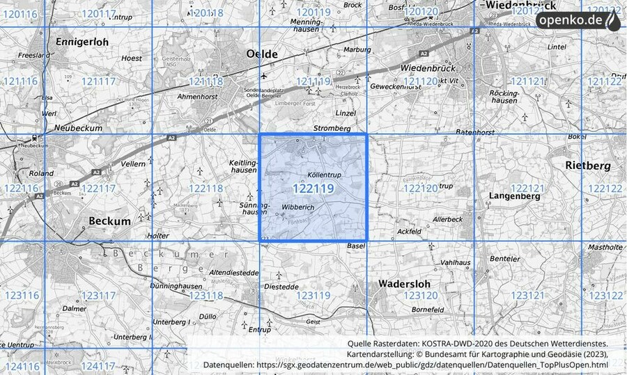 Übersichtskarte des KOSTRA-DWD-2020-Rasterfeldes Nr. 122119