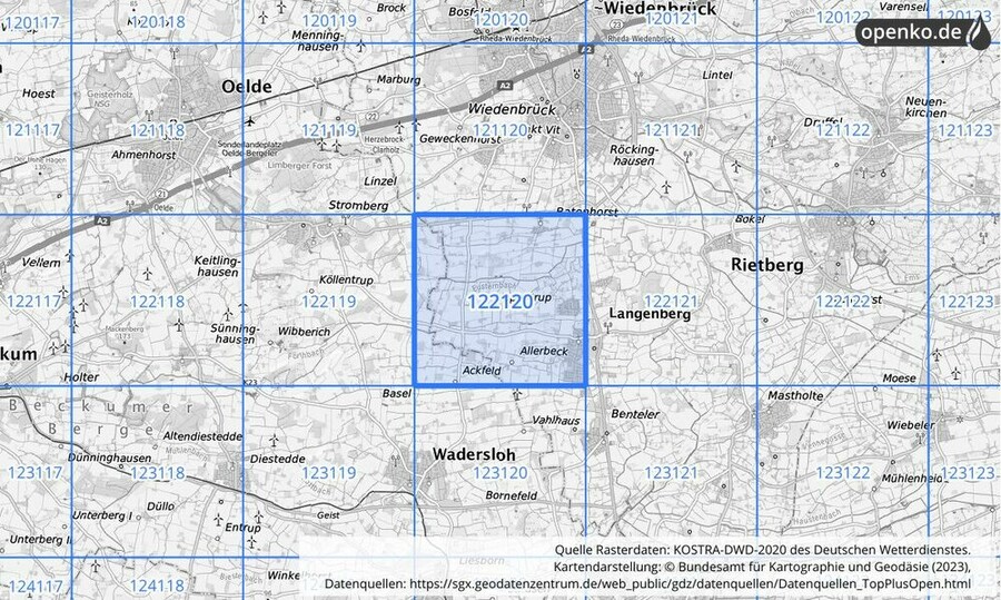 Übersichtskarte des KOSTRA-DWD-2020-Rasterfeldes Nr. 122120