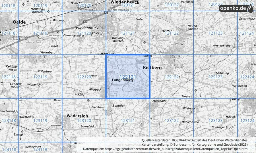 Übersichtskarte des KOSTRA-DWD-2020-Rasterfeldes Nr. 122121