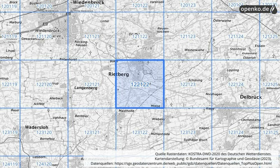 Übersichtskarte des KOSTRA-DWD-2020-Rasterfeldes Nr. 122122