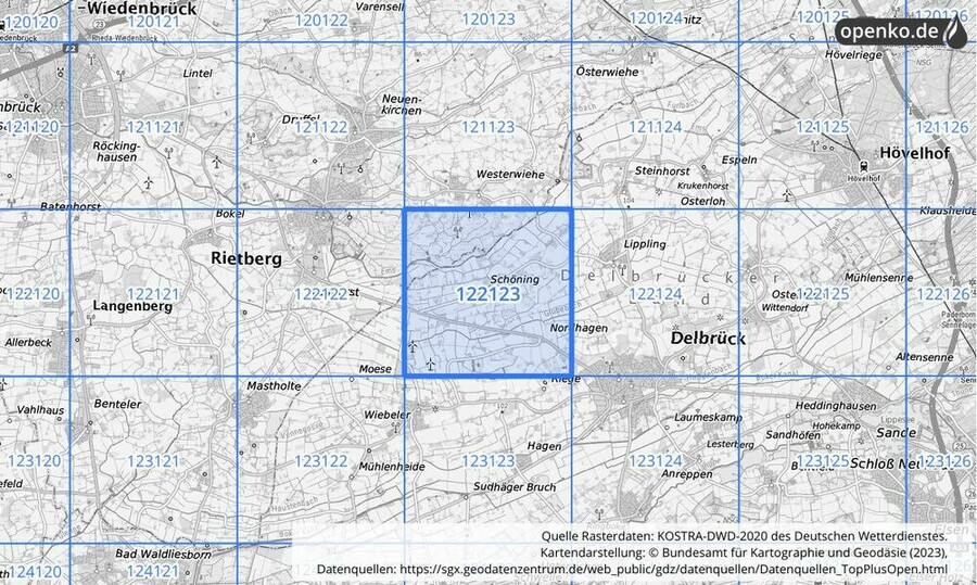 Übersichtskarte des KOSTRA-DWD-2020-Rasterfeldes Nr. 122123