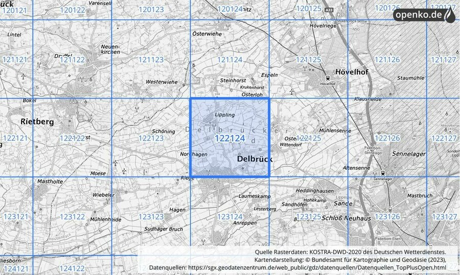 Übersichtskarte des KOSTRA-DWD-2020-Rasterfeldes Nr. 122124