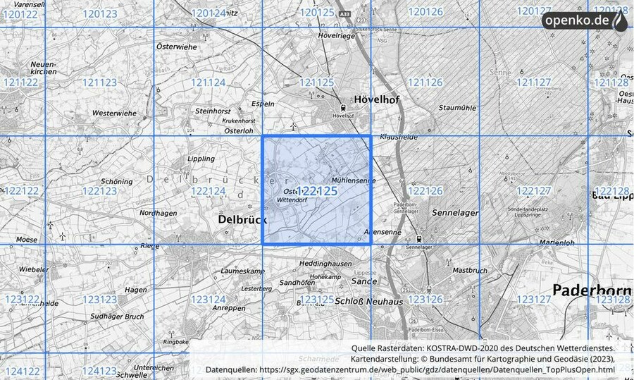 Übersichtskarte des KOSTRA-DWD-2020-Rasterfeldes Nr. 122125