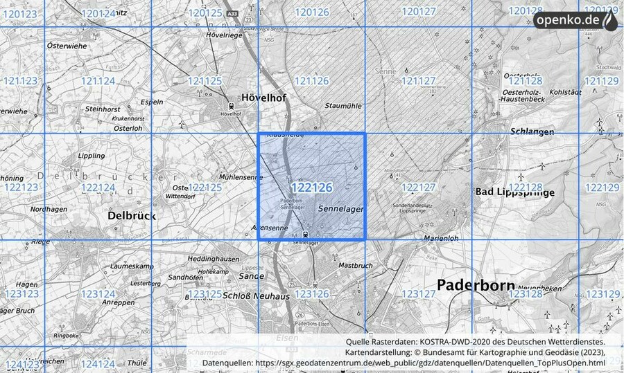 Übersichtskarte des KOSTRA-DWD-2020-Rasterfeldes Nr. 122126