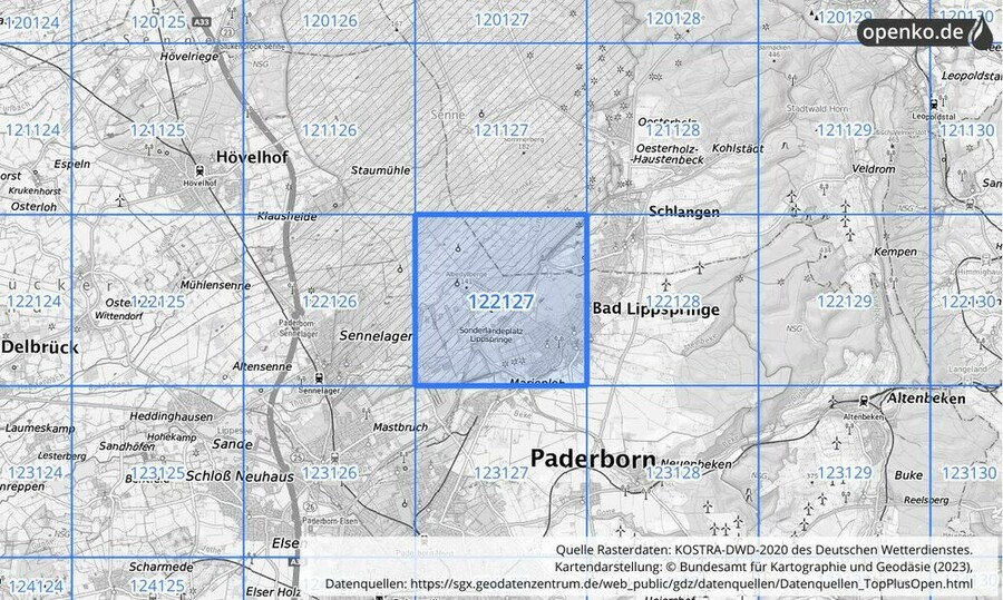 Übersichtskarte des KOSTRA-DWD-2020-Rasterfeldes Nr. 122127