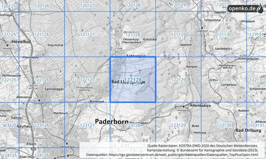 Übersichtskarte des KOSTRA-DWD-2020-Rasterfeldes Nr. 122128