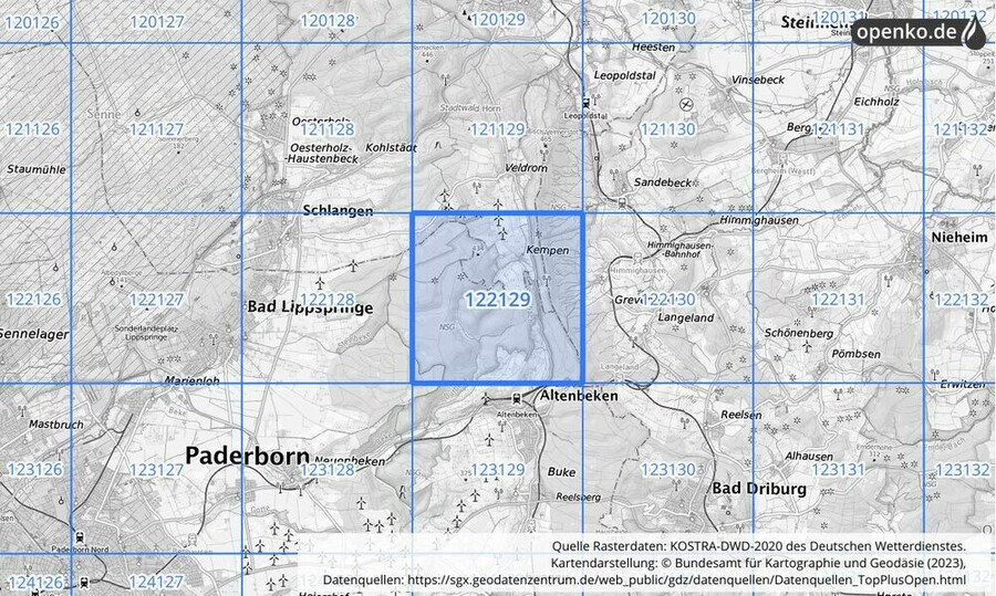 Übersichtskarte des KOSTRA-DWD-2020-Rasterfeldes Nr. 122129