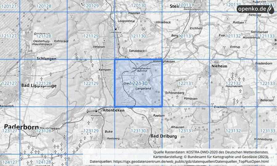 Übersichtskarte des KOSTRA-DWD-2020-Rasterfeldes Nr. 122130