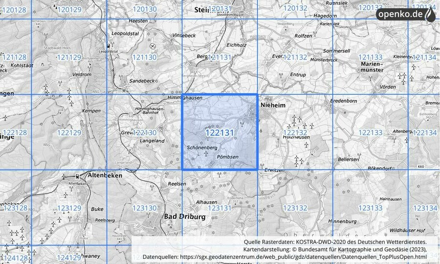 Übersichtskarte des KOSTRA-DWD-2020-Rasterfeldes Nr. 122131