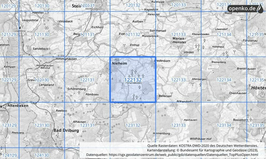 Übersichtskarte des KOSTRA-DWD-2020-Rasterfeldes Nr. 122132