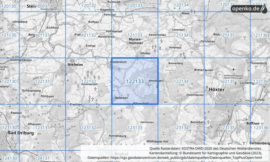 Übersichtskarte des KOSTRA-DWD-2020-Rasterfeldes Nr. 122133