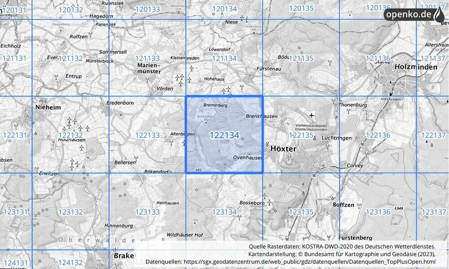 Übersichtskarte des KOSTRA-DWD-2020-Rasterfeldes Nr. 122134