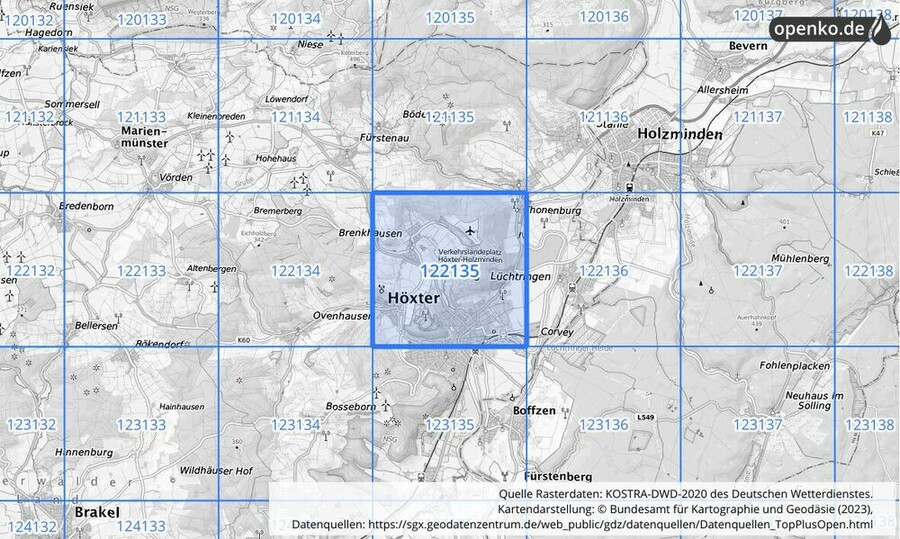 Übersichtskarte des KOSTRA-DWD-2020-Rasterfeldes Nr. 122135