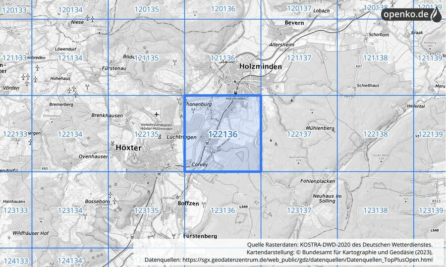 Übersichtskarte des KOSTRA-DWD-2020-Rasterfeldes Nr. 122136