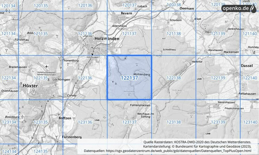 Übersichtskarte des KOSTRA-DWD-2020-Rasterfeldes Nr. 122137