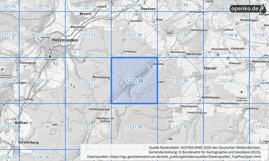 Übersichtskarte des KOSTRA-DWD-2020-Rasterfeldes Nr. 122138