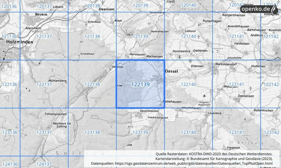 Übersichtskarte des KOSTRA-DWD-2020-Rasterfeldes Nr. 122139