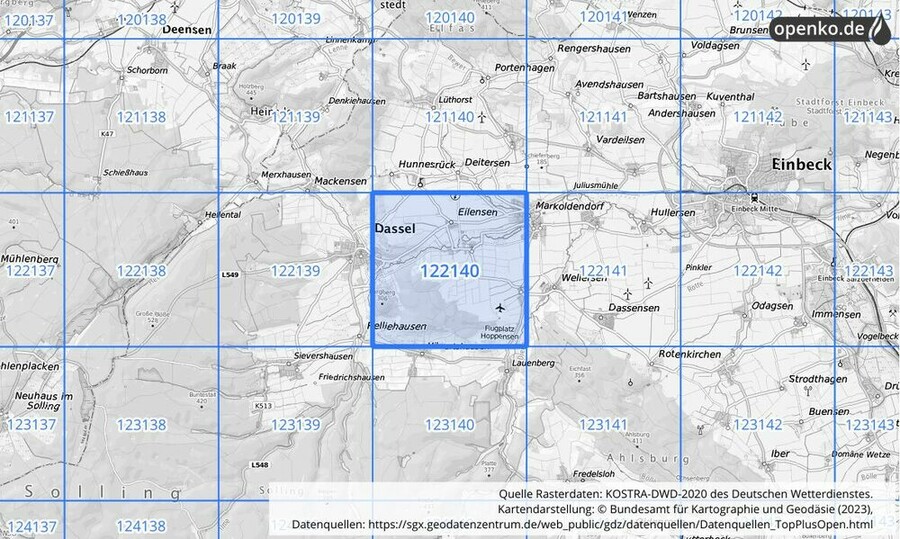 Übersichtskarte des KOSTRA-DWD-2020-Rasterfeldes Nr. 122140