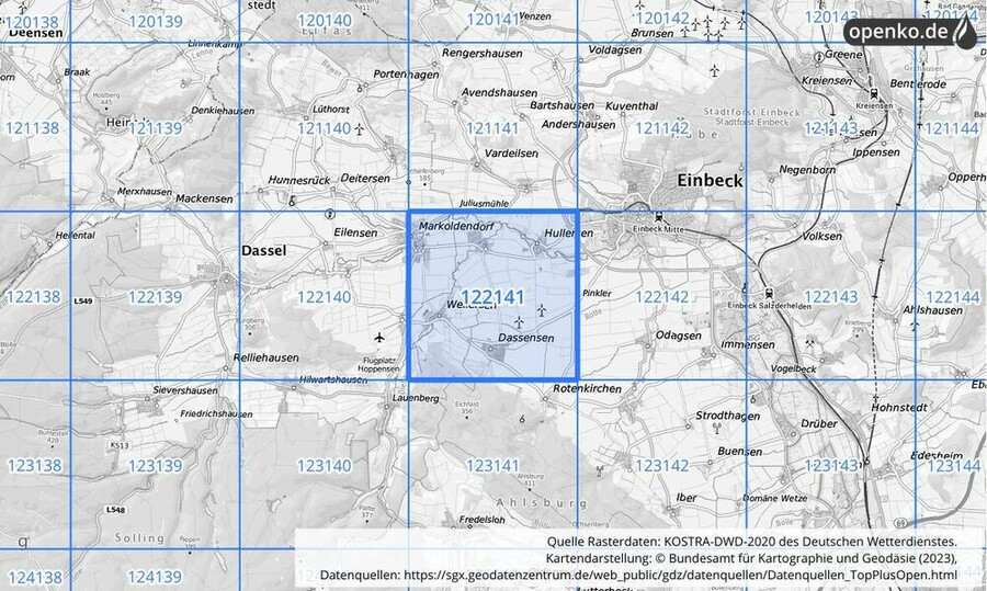 Übersichtskarte des KOSTRA-DWD-2020-Rasterfeldes Nr. 122141