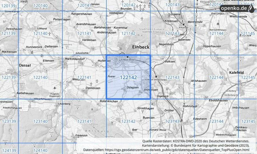 Übersichtskarte des KOSTRA-DWD-2020-Rasterfeldes Nr. 122142