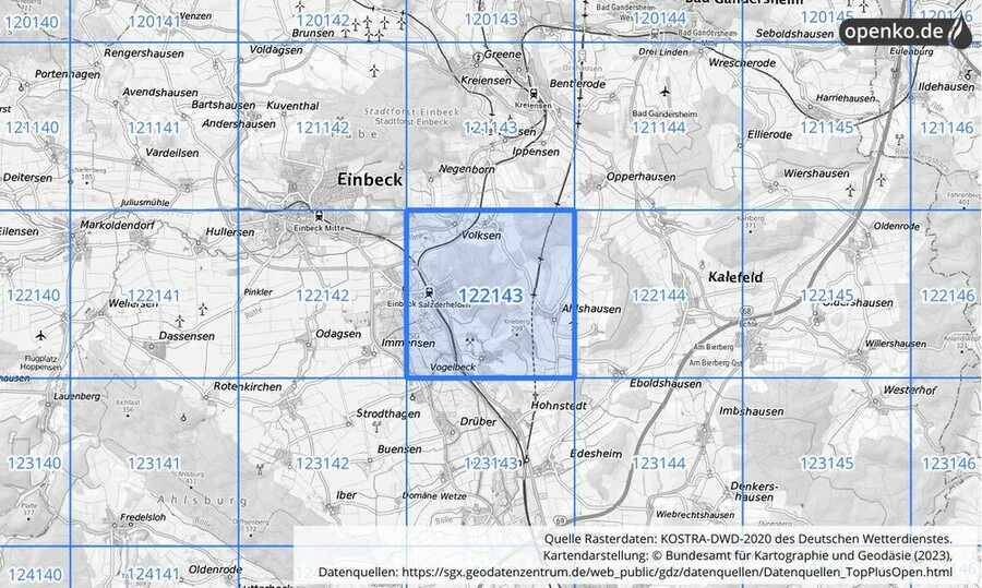 Übersichtskarte des KOSTRA-DWD-2020-Rasterfeldes Nr. 122143