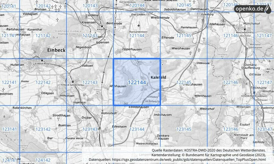 Übersichtskarte des KOSTRA-DWD-2020-Rasterfeldes Nr. 122144