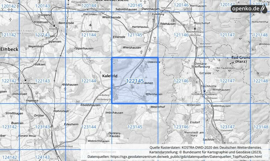 Übersichtskarte des KOSTRA-DWD-2020-Rasterfeldes Nr. 122145