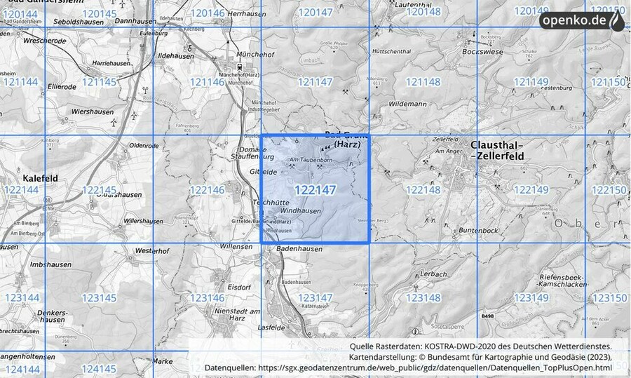 Übersichtskarte des KOSTRA-DWD-2020-Rasterfeldes Nr. 122147