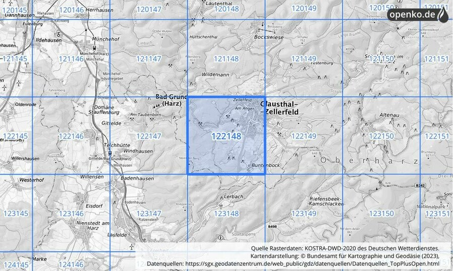 Übersichtskarte des KOSTRA-DWD-2020-Rasterfeldes Nr. 122148