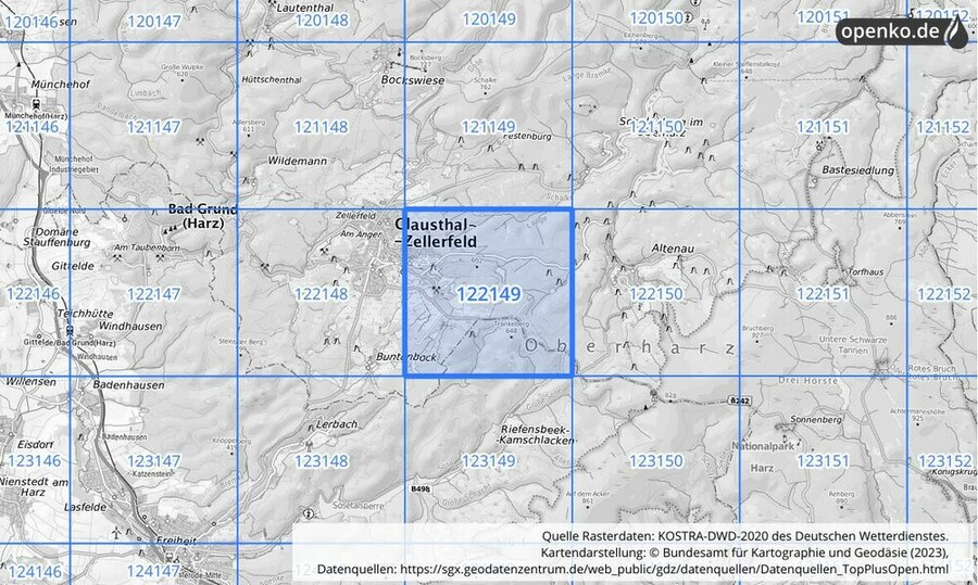 Übersichtskarte des KOSTRA-DWD-2020-Rasterfeldes Nr. 122149