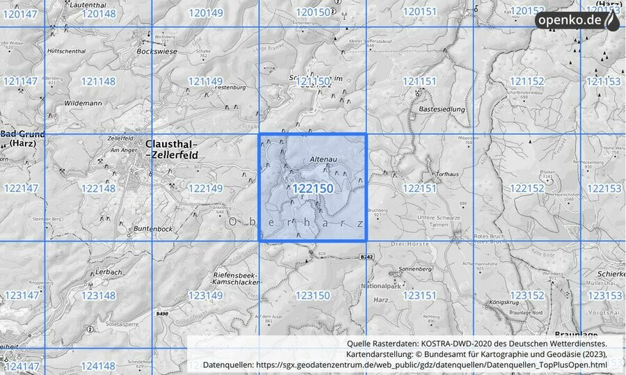 Übersichtskarte des KOSTRA-DWD-2020-Rasterfeldes Nr. 122150