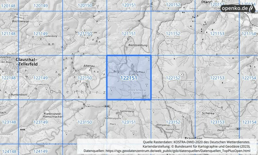 Übersichtskarte des KOSTRA-DWD-2020-Rasterfeldes Nr. 122151