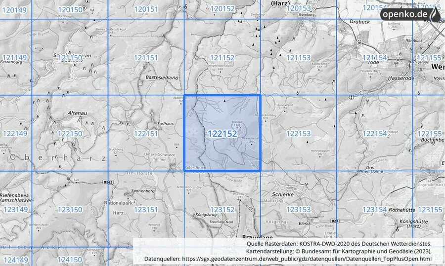 Übersichtskarte des KOSTRA-DWD-2020-Rasterfeldes Nr. 122152