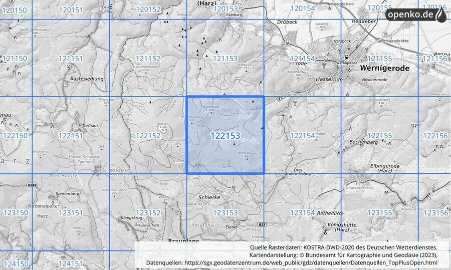 Übersichtskarte des KOSTRA-DWD-2020-Rasterfeldes Nr. 122153