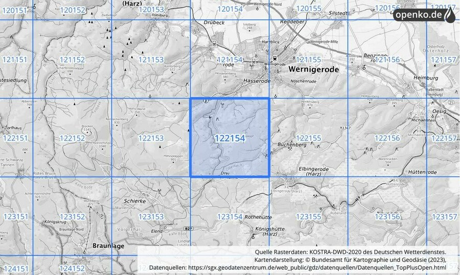 Übersichtskarte des KOSTRA-DWD-2020-Rasterfeldes Nr. 122154