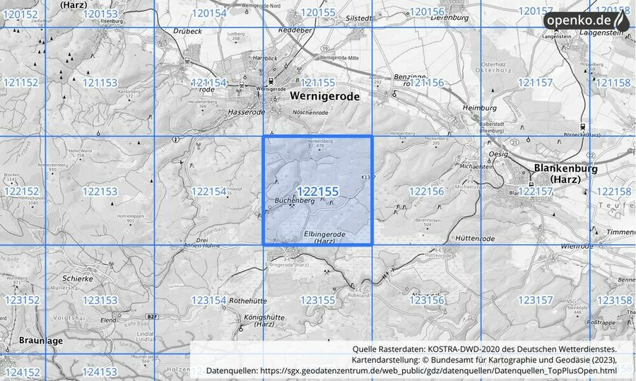 Übersichtskarte des KOSTRA-DWD-2020-Rasterfeldes Nr. 122155