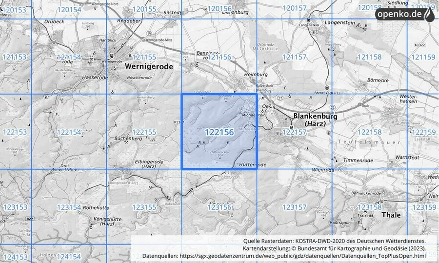 Übersichtskarte des KOSTRA-DWD-2020-Rasterfeldes Nr. 122156