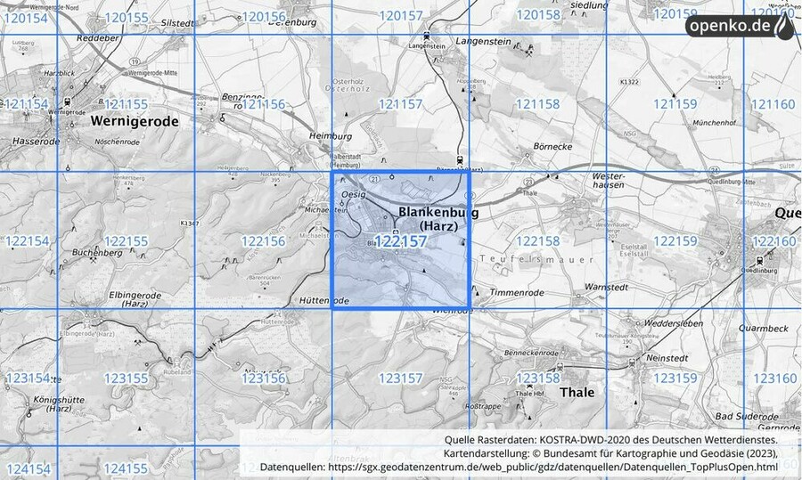 Übersichtskarte des KOSTRA-DWD-2020-Rasterfeldes Nr. 122157