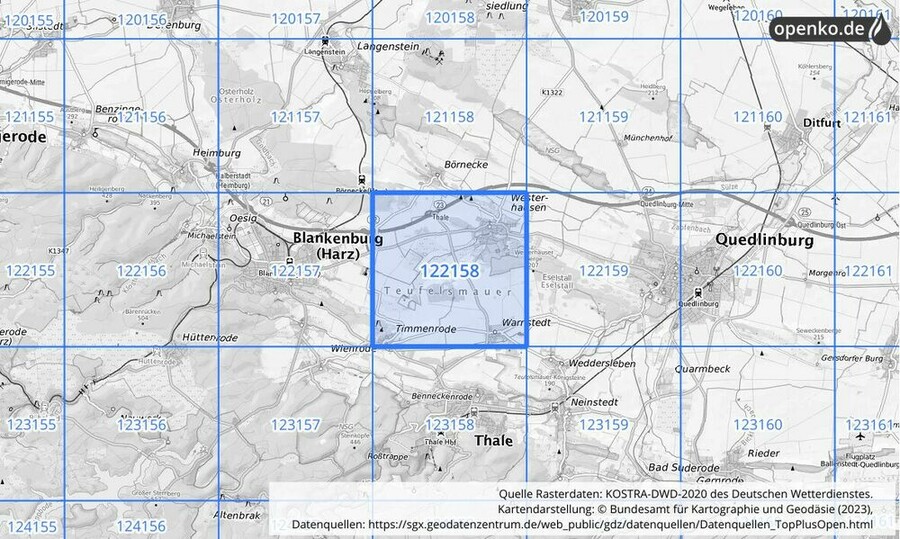 Übersichtskarte des KOSTRA-DWD-2020-Rasterfeldes Nr. 122158