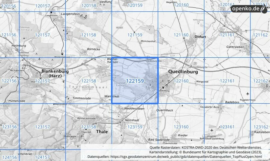 Übersichtskarte des KOSTRA-DWD-2020-Rasterfeldes Nr. 122159