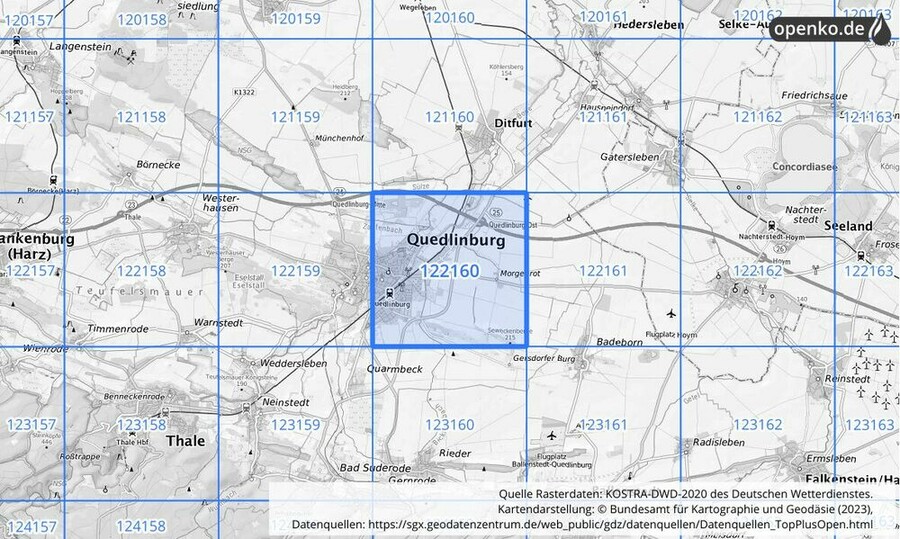 Übersichtskarte des KOSTRA-DWD-2020-Rasterfeldes Nr. 122160