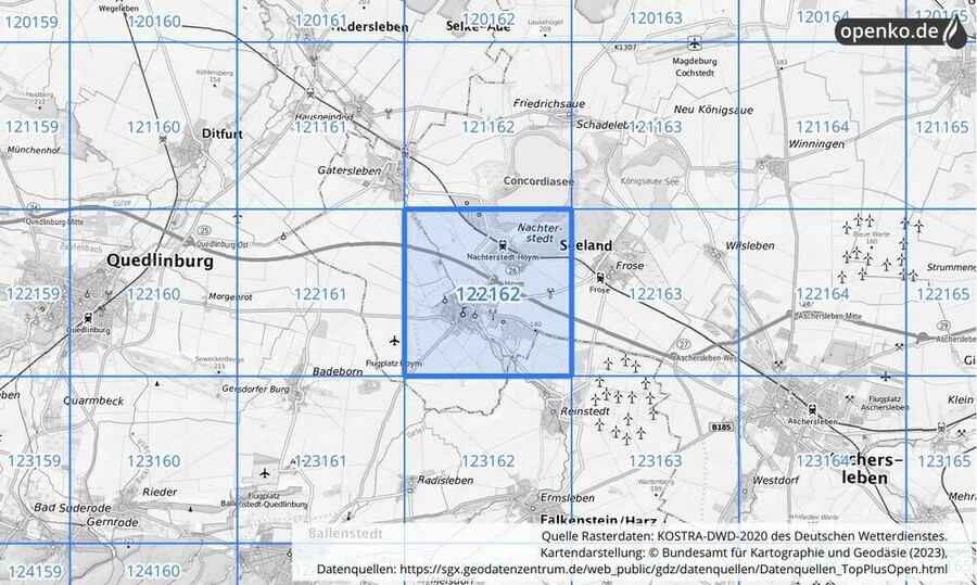 Übersichtskarte des KOSTRA-DWD-2020-Rasterfeldes Nr. 122162