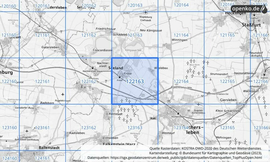 Übersichtskarte des KOSTRA-DWD-2020-Rasterfeldes Nr. 122163